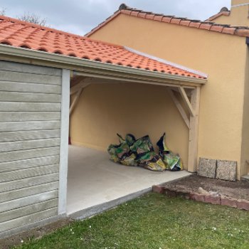 Abri de jardin en béton aspect bois 2 pentes avec auvent
